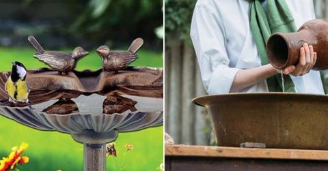 (L) My Garden Outdoor Living Store's bronze bird bath (Cover Image Source: Amazon) | (R) A person filling up a bronze bird bath. (Representative Cover Image Source: Getty Images | Olga Skripnik)