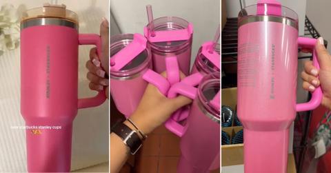 Three screenshots from TikToks of of pink Starbucks Stanley tumblers