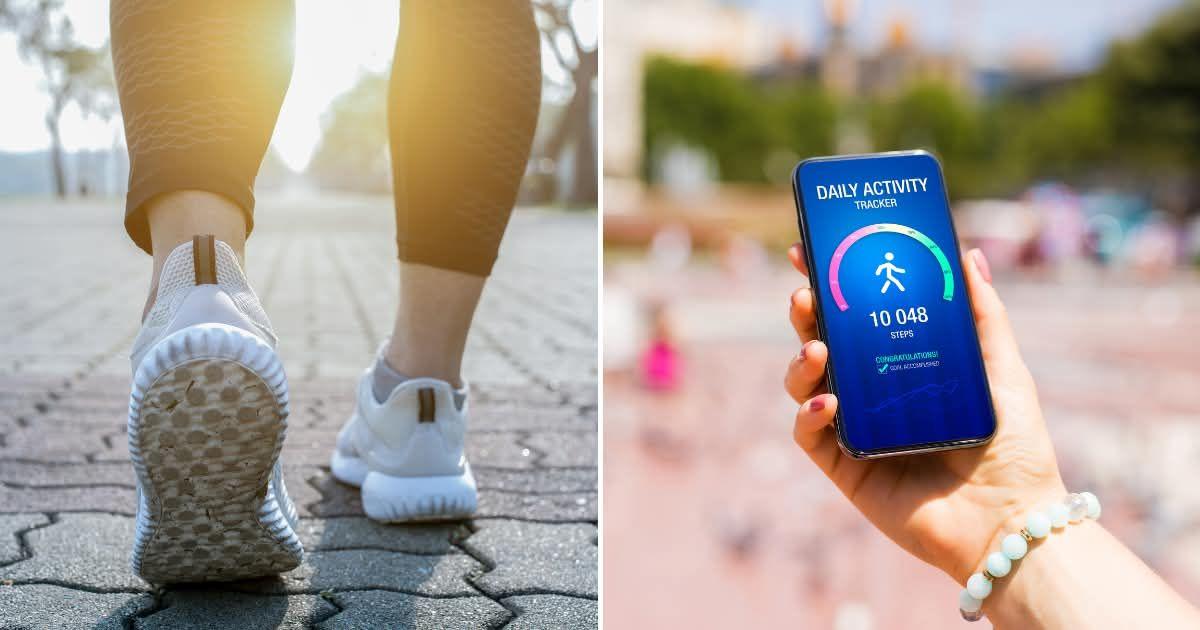 (L) Close-up image of the legs of a person walking. (R) A person's daily activity tracking app shows 10,048 steps achieved. (Representative Cover Image Source: Getty Images | (L)Boonchai Redmakawand, (R) Grinvalds) 