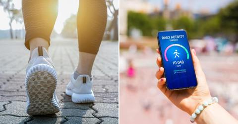 (L) Close-up image of the legs of a person walking. (R) A person's daily activity tracking app shows 10,048 steps achieved. (Representative Cover Image Source: Getty Images | (L)Boonchai Redmakawand, (R) Grinvalds)
