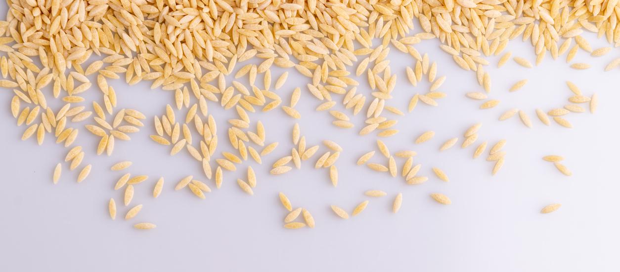 Orzo pasta against a white background. 