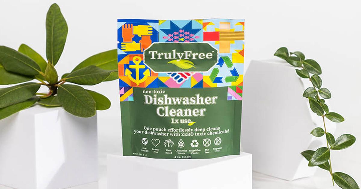 dishwasher cleaner in a green and white pouch with plants