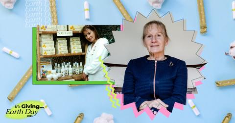 Two headshots of Natracare founder and owner Susie Hewson layered over a light blue background image featuring organic, plastic-free tampons