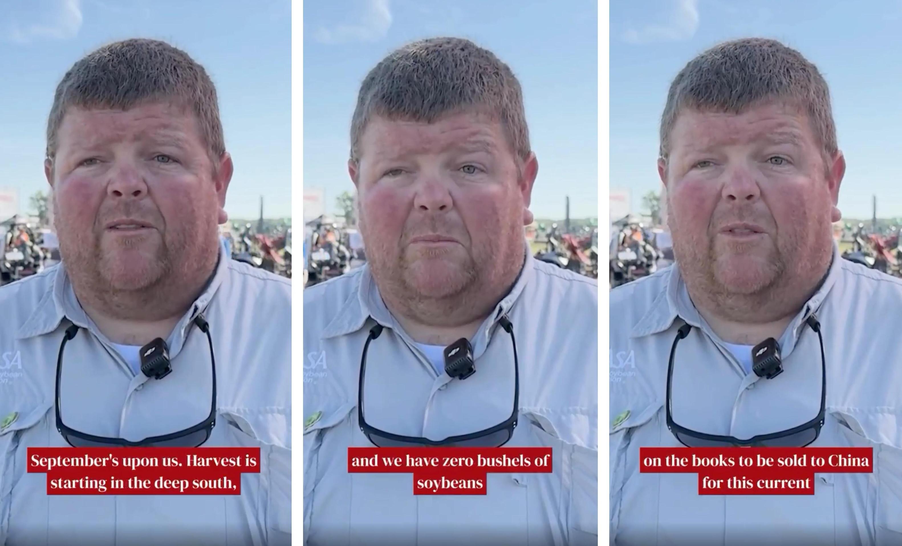 A soybean farmer is pictured asking for help.