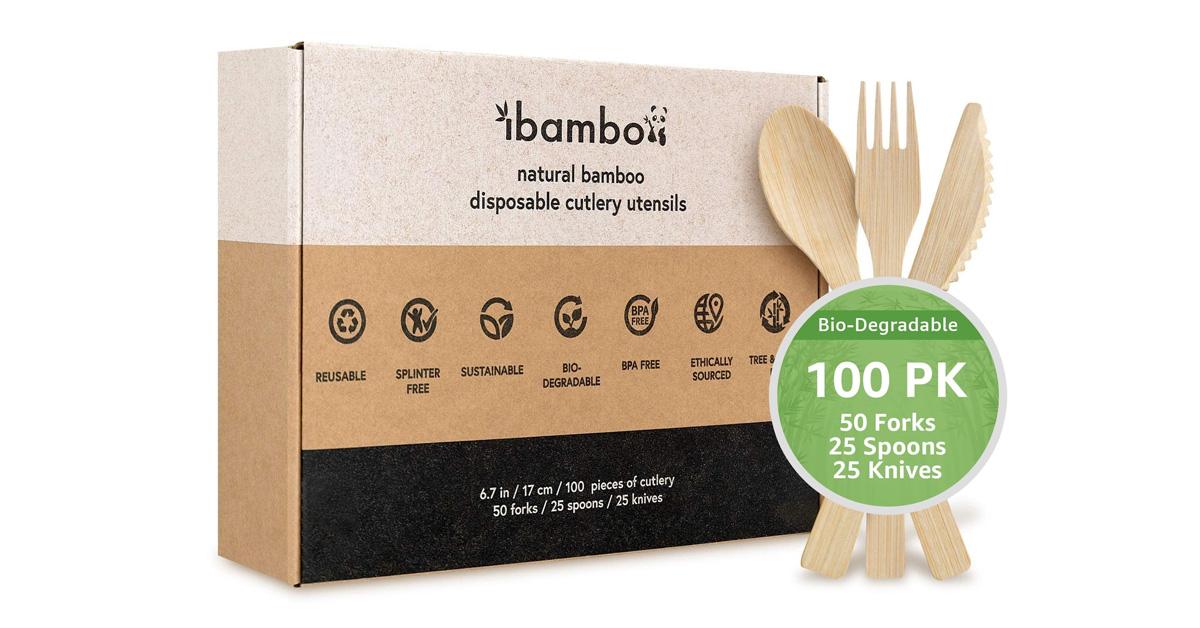 bamboo disposable cutlery in a cardboard box