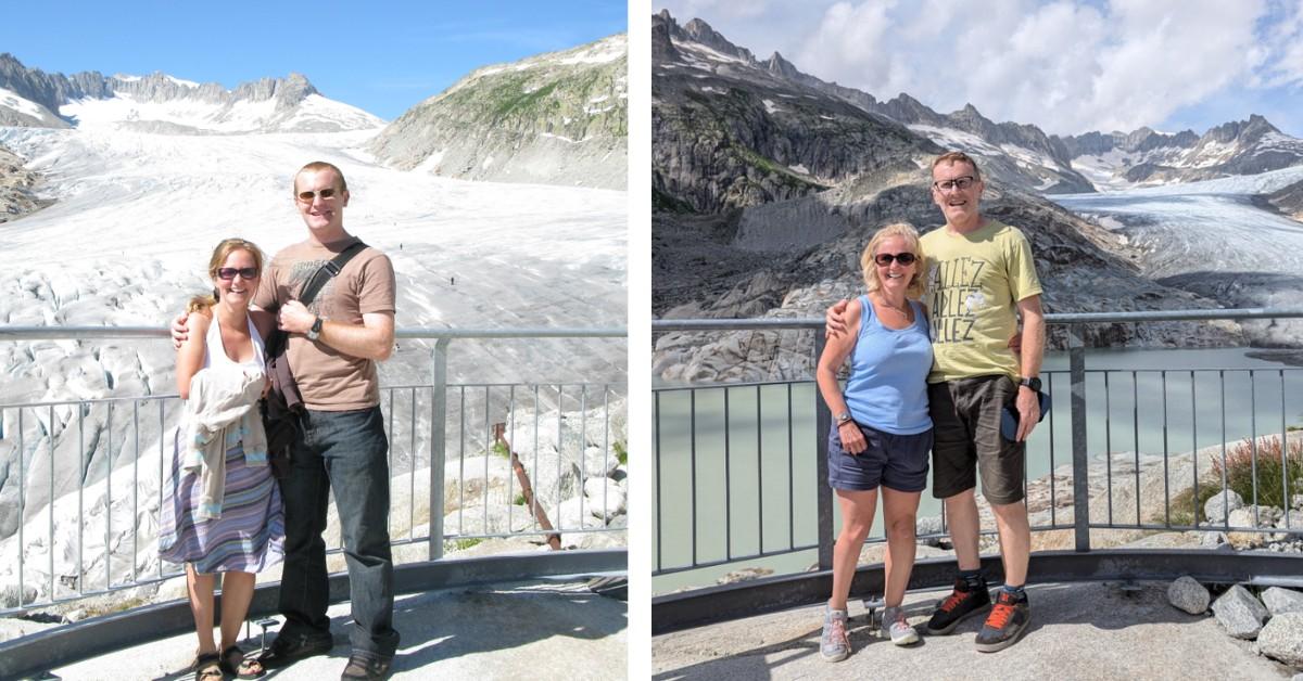 A couple poses in front of the same Swiss glaciers 15 years apart