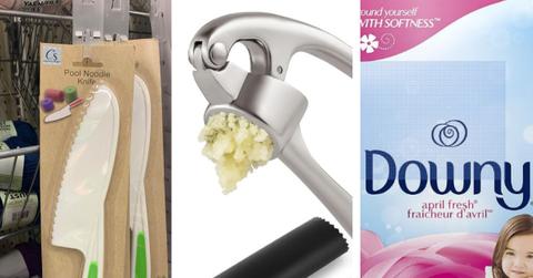 pool noodle knife, garlic press, dryer sheets