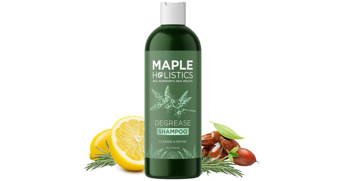 Maple Holistics shampoo in green bottle with lemons.