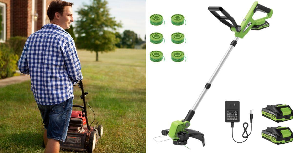 (L) Man mowing his grass lawn. (Representative Cover Image Source: Getty Images | M_a_y_a); (R) The 20V cordless string trimmer. (Cover Image Source: Amazon)