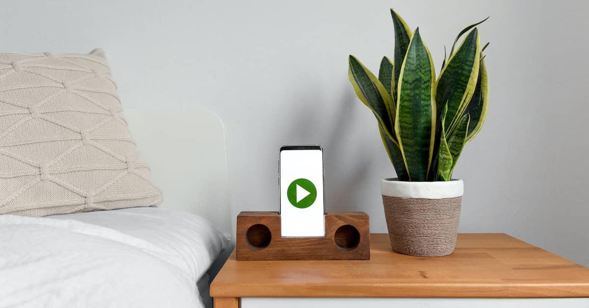 A snake plant in a beige pot with white trim placed next to a wooden smartphone holder on a bedside table .