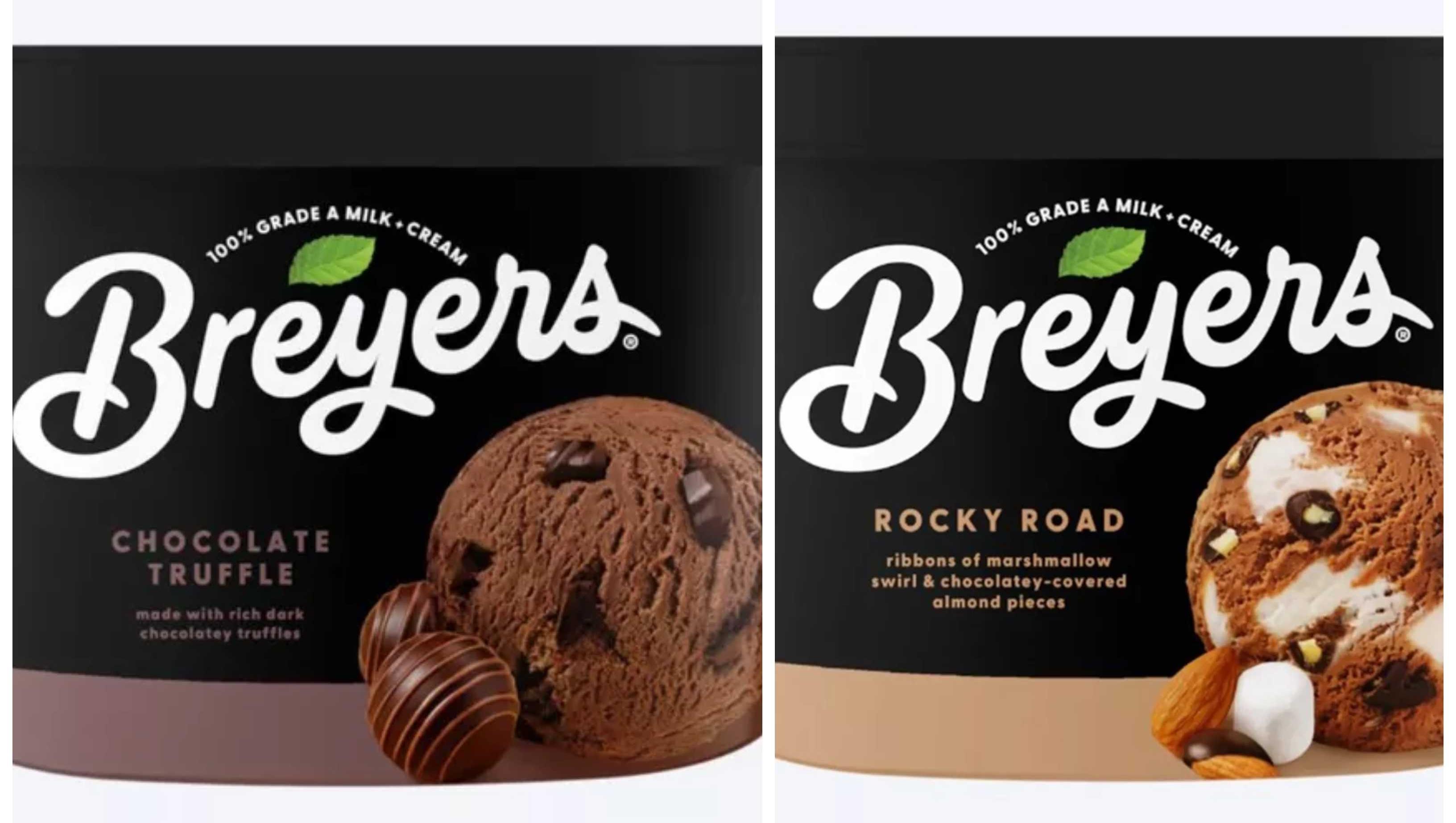 Two Breyers ice cream cartons are pictured: Chocolate Tuffle and Rocky Road.