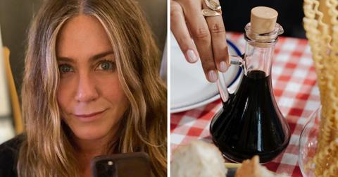 (L) Jennifer Aniston posing for a selfie. (Cover Image Source: Instagram | @jenniferaniston). (R) A bottle of vinegar is placed on a table. (Representative Cover Image Source: Pexels | Ron Lach)