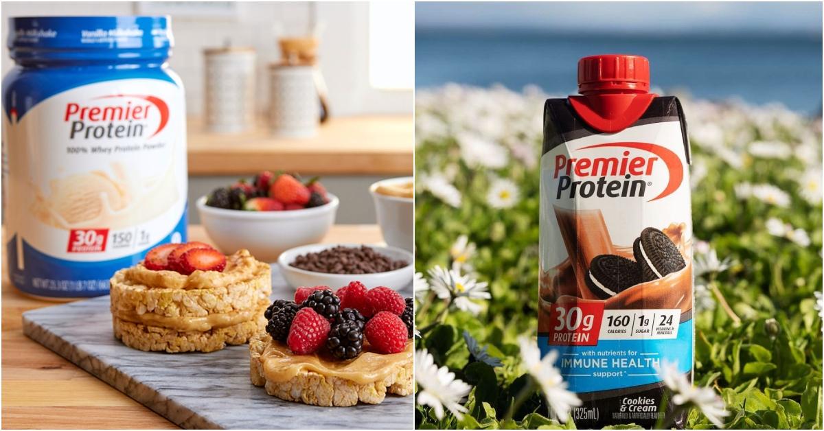 A tub of vanilla Premier Protein powder in front of a couple rice cakes with berries on top (left). A chocolate Premier Protein shake sits in a field of flowers (right).