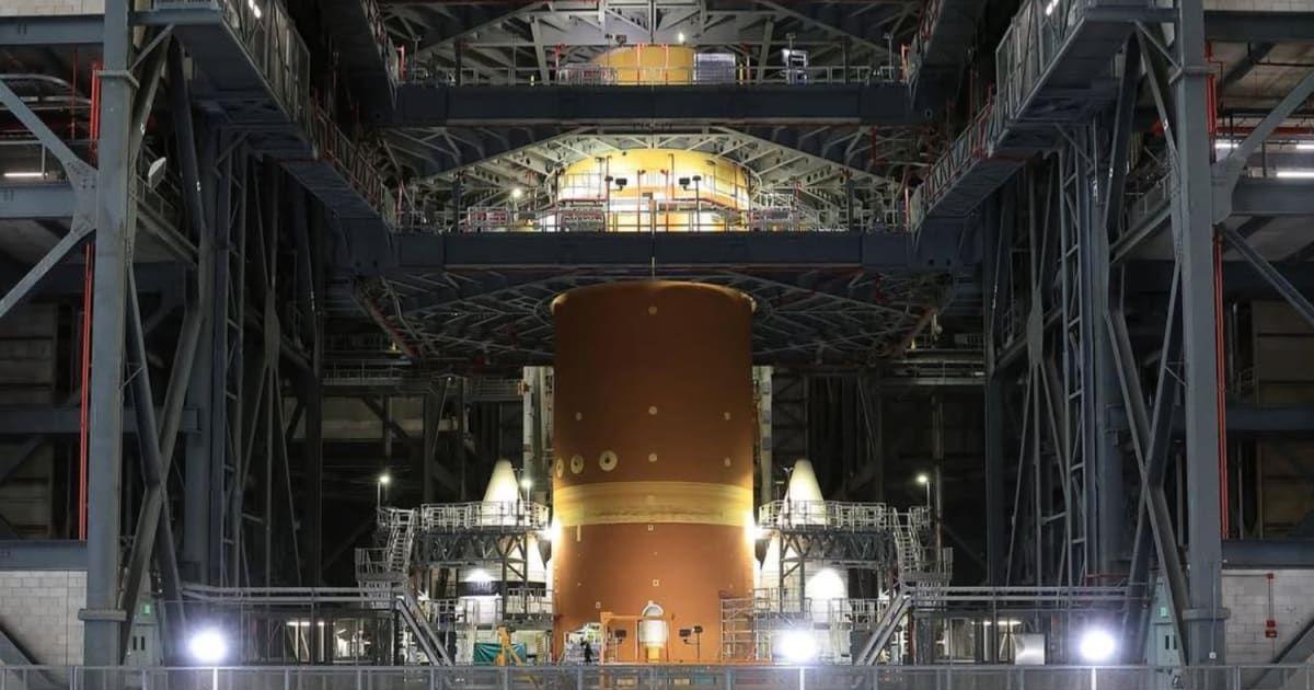 NASA’s Artemis II Orion spacecraft with its launch abort system, is stacked atop the agency’s SLS (Space Launch System) rocket at NASA’s Kennedy Space Center. (Image Source: Instagram | @nasaartemis)