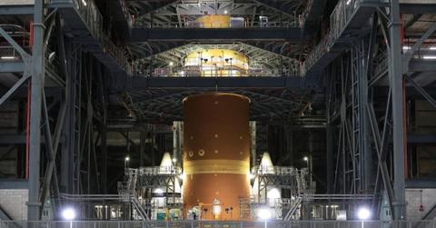 NASA’s Artemis II Orion spacecraft with its launch abort system, is stacked atop the agency’s SLS (Space Launch System) rocket at NASA’s Kennedy Space Center. (Image Source: Instagram | @nasaartemis)