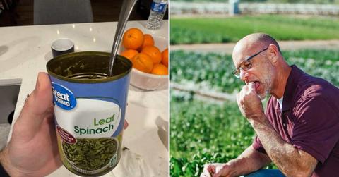 (L) Walmart customer shows a can of Great Value spinach (Cover Image Sourc: Reddit | u/Roryalan) | (R) A man tasting spinach (Representative Cover Image Source: Pexels | Kindel Media)
