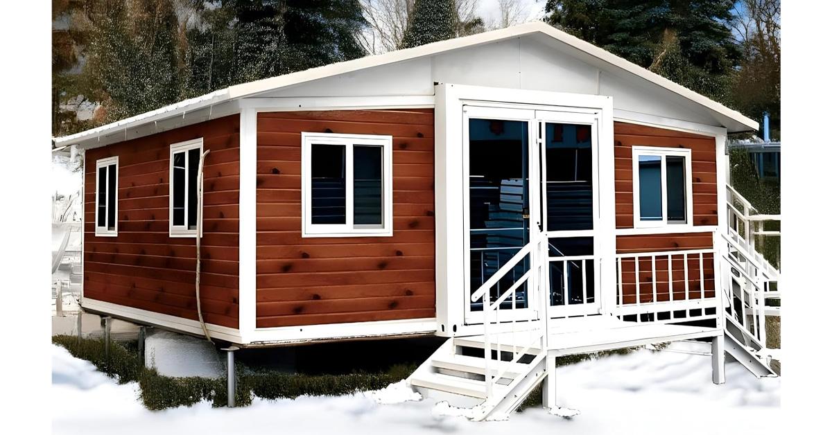 cabin-style tiny house with wood paneling and white trim and stairs in the snow