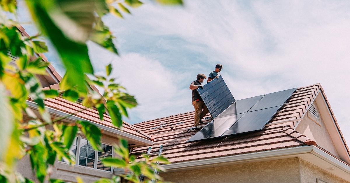 Two people install solar panels on the roof of a house with tree branches in the foreground