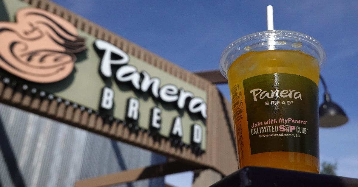 Photograph of Mango Yuzu Charged Lemonade in front of a Panera Bread.