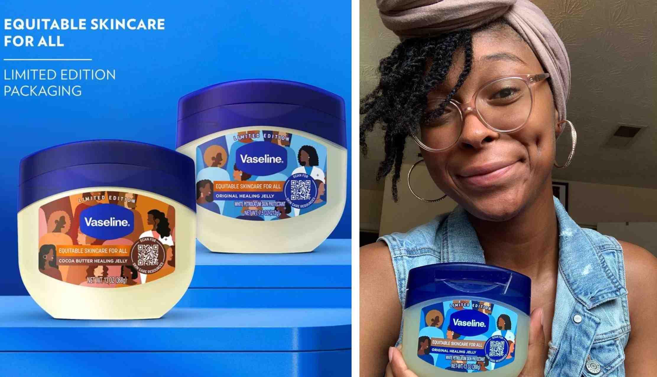 A woman smiles while holding Vaseline's "Equitable Skincare For All" line of products.
