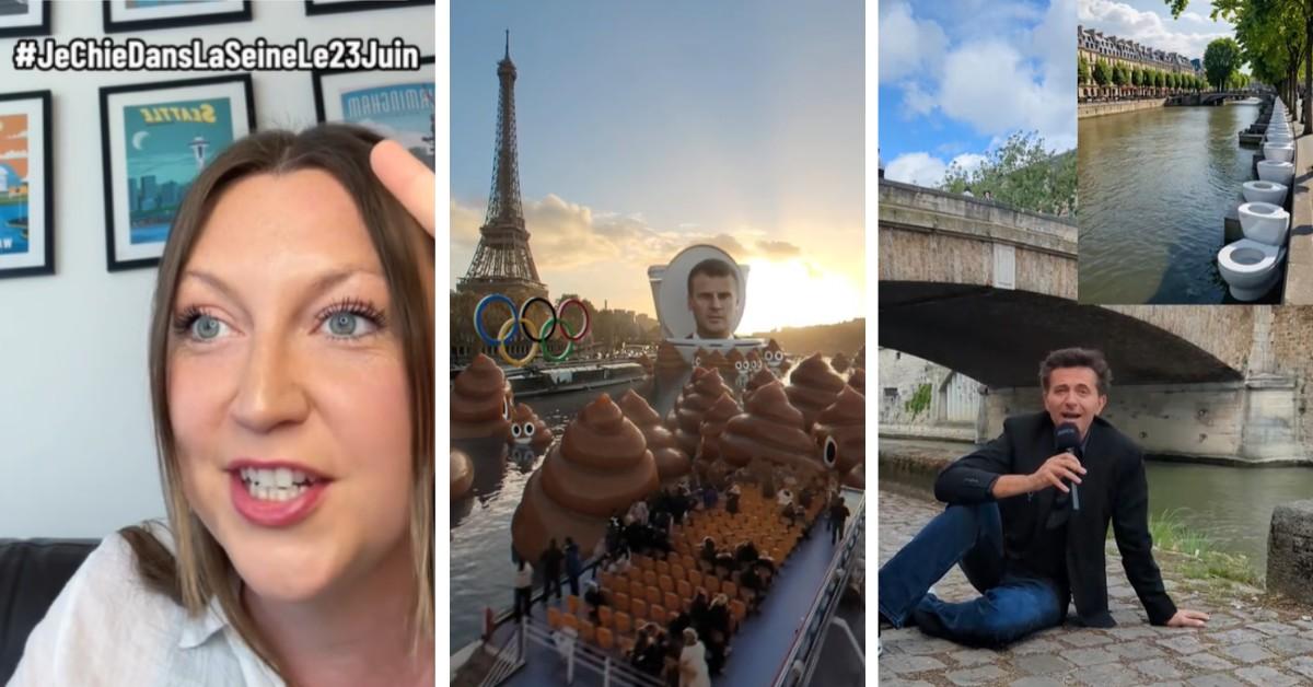 Three screenshots from TikTok videos of people talking about the planned protest of pooping in the Seine River.