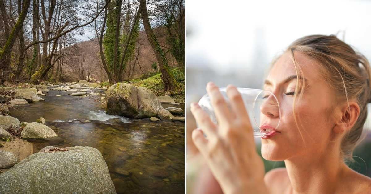 (L) A freshwater spring in a forest in the mountains. (R) A woman drinking water from a glass. (Representative Cover Image Source: Pexels | (L) Anton Atanasov, (R) Cottonbro studio)
