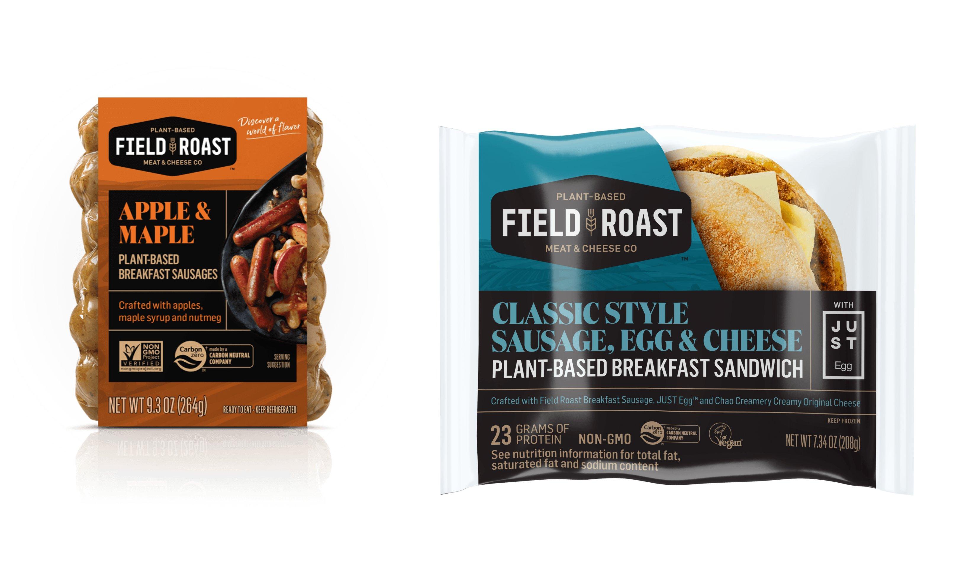 The Field Roast brand apple and maple breakfast sausage links are pictured on the left beside the brand's breakfast sandwich.