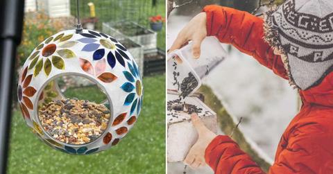 (L) Backyard Expressions' mosaic glass bird feeder for small to medium-sized birds (Cover Image Source: Amazon) | (R) A person filling up a bird feeder with seeds. (Representative Cover Image Source: Getty Images | Eva Katalyn)
