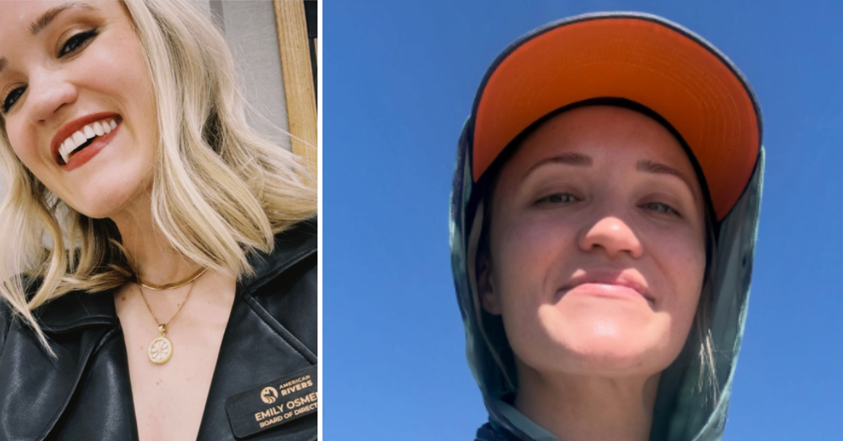 Emily Osment poses with her American Rivers badge while showcasing herself out on the wild river in a second photo