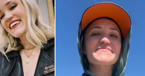 Emily Osment poses with her American Rivers badge while showcasing herself out on the wild river in a second photo