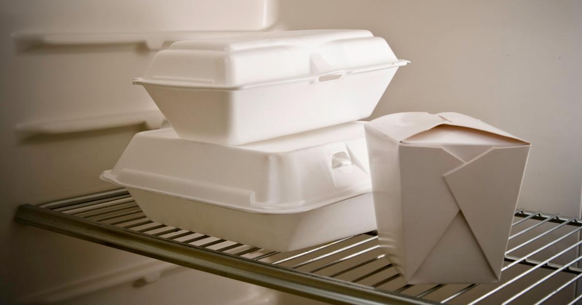 Leftover containers in a fridge. 