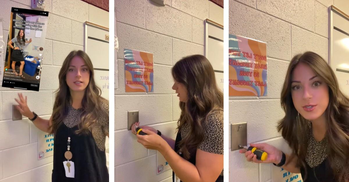 A teacher removes a blank wall plate in her classroom after being told that it serves no purpose