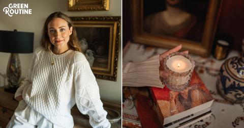 Headshot of YouTuber and DIY interior design expert MaCenna Lee by Makenzi Rempel beside a photo for a hand holding an Auden Lueur candle above a stack of books
