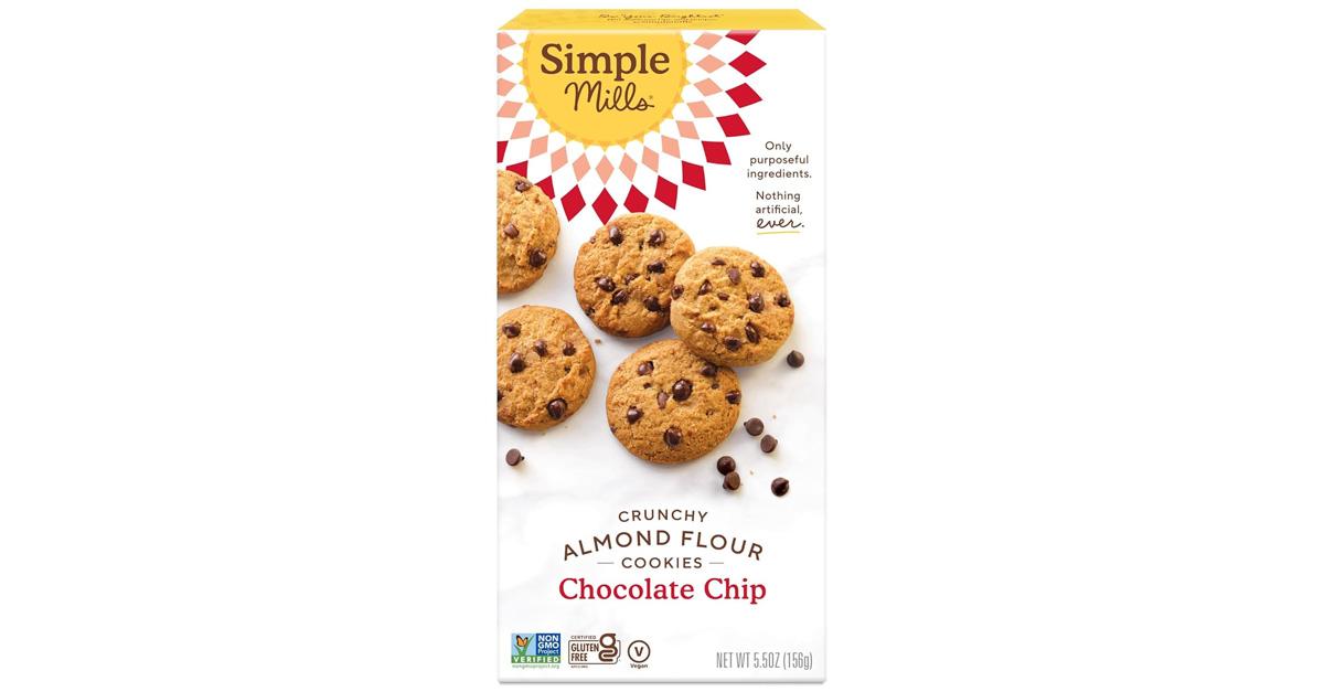 Simple Mills Almond Flour Crunchy chocolate chip cookies in a white box