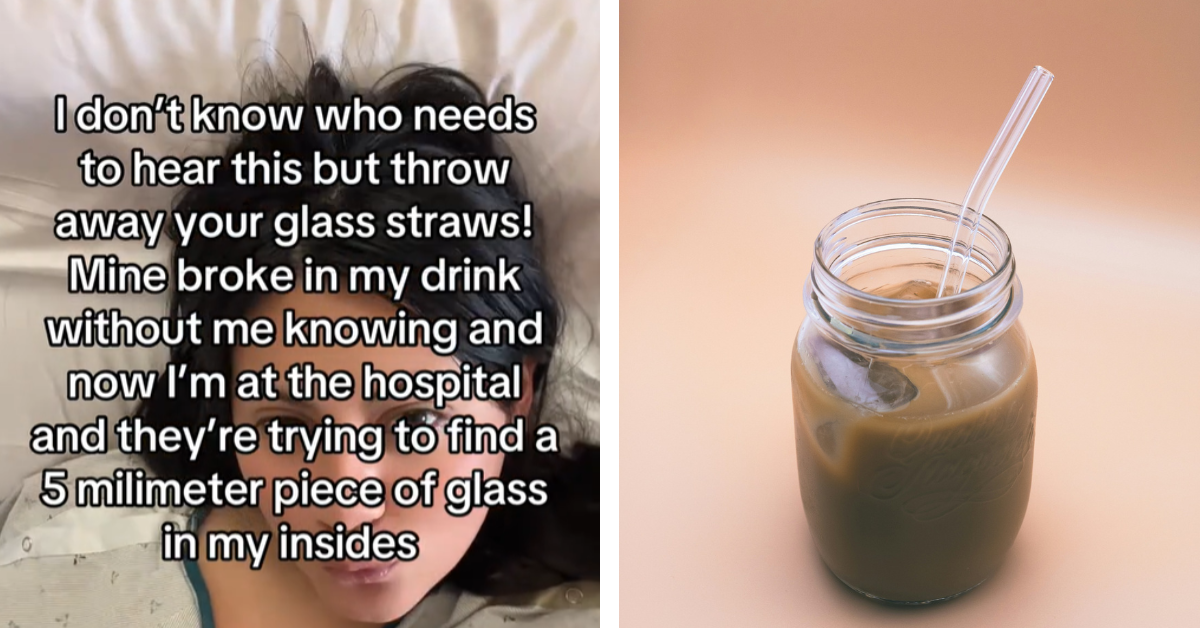 A woman with brown hair lays in a hospital bed while she waits for doctors to find broken glass in her stomach/a glass jar holds a brown iced beverage with a glass straw sticking out of it