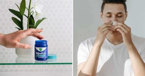 (L) A hand touching a box of Vicks Vaporub.
(Cover Image Source: Instagram | @vicks_us) | (R) Man rubbing ointment around his nose (Representative Cover Image Source: Pexels | Pavel Danliyuk)