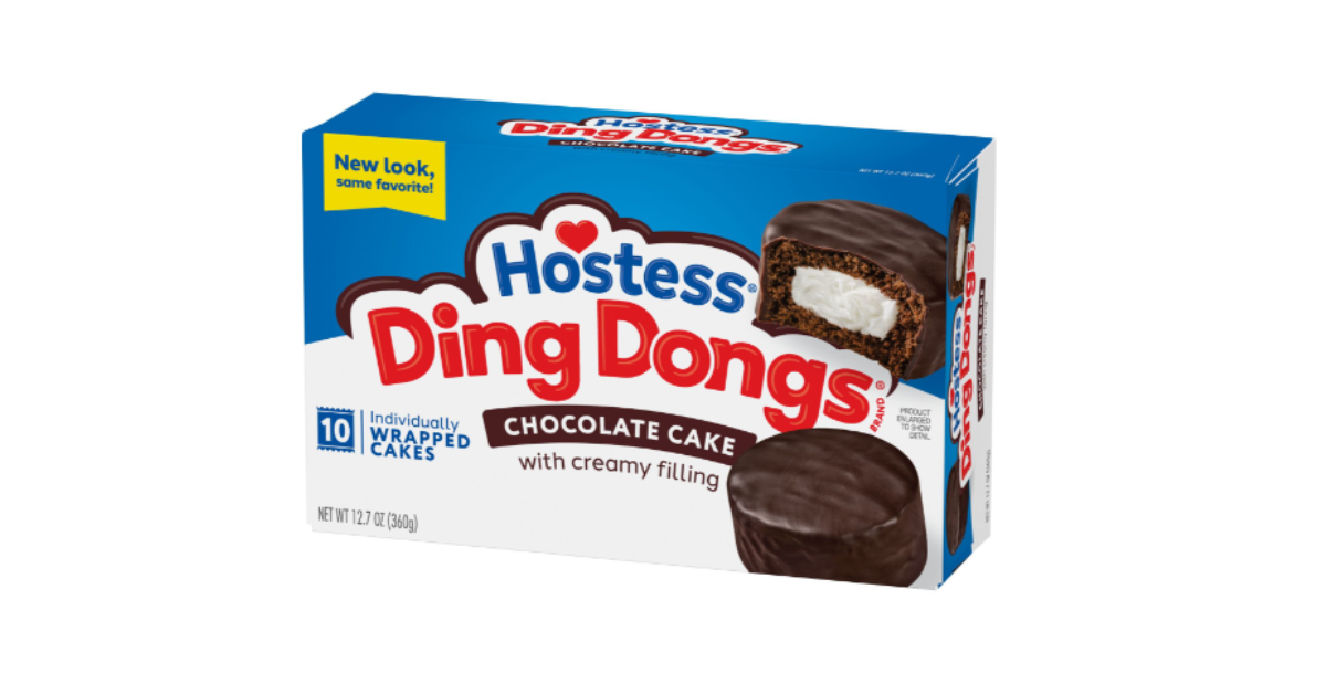 A closeup of the Hostess Ding Dong snack cakes
