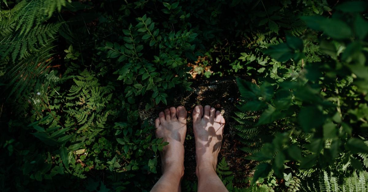 Close-up image of woman's feet as she practices grounding in nature.