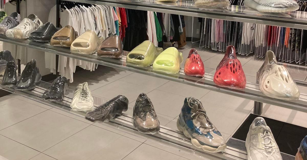 Photo of shoes wrapped in cling wrap on store shelves