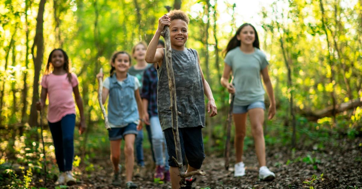 A group of kids walk in the forest where the boy in the front holds a walking stick.