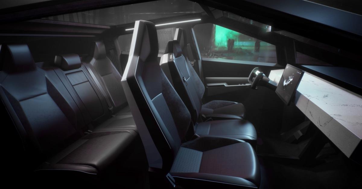 Tesla Cybertruck interior with seating for five people.