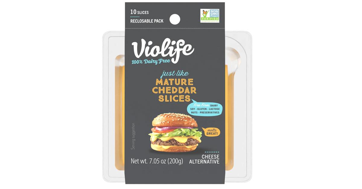 Violife vegan cheddar slices in a package with a hamburger on the front