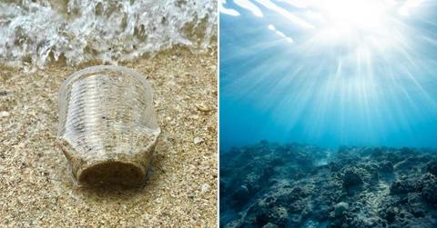(L) A discarded plastic cup washing ashore on a beach. (R) Deep sea scenery. (Representative Cover Image Source: (L) Catherine Sheila, (R) Jeremy Bishop)