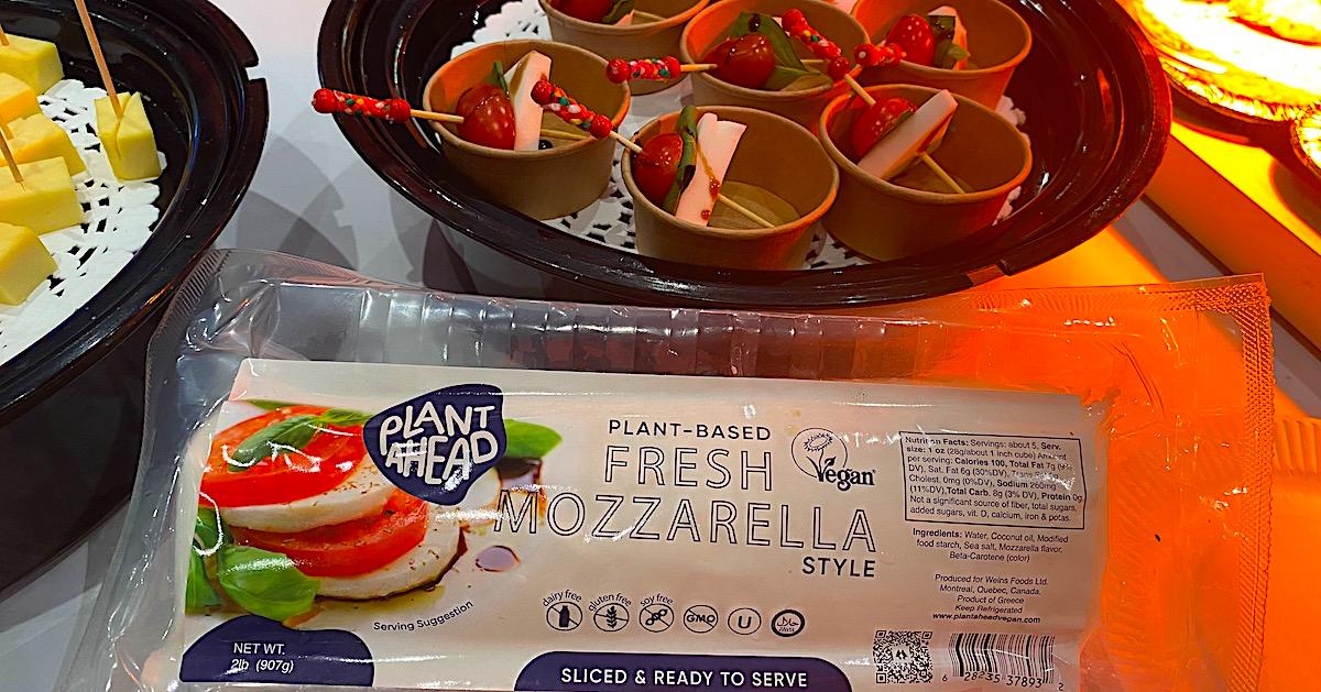 Plant Ahead Plant-Based Fresh Mozzarella Style package near samples of the cheese in cups