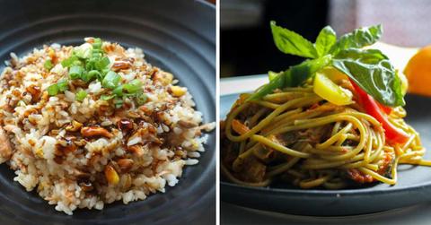 (L) A plate of rice with sauces and garlic chives. (R) A plate of spaghetti garnished with vegetables. (Representative Cover Image Source: Pexels | (L) Trista Chen, (R) Jane Trang Doan)