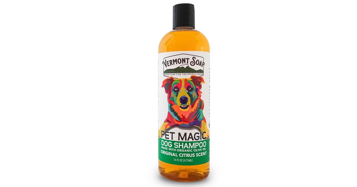 Bottle of Vermont Soap Company's Pet Magic Organic Dog Shampoo on white background.