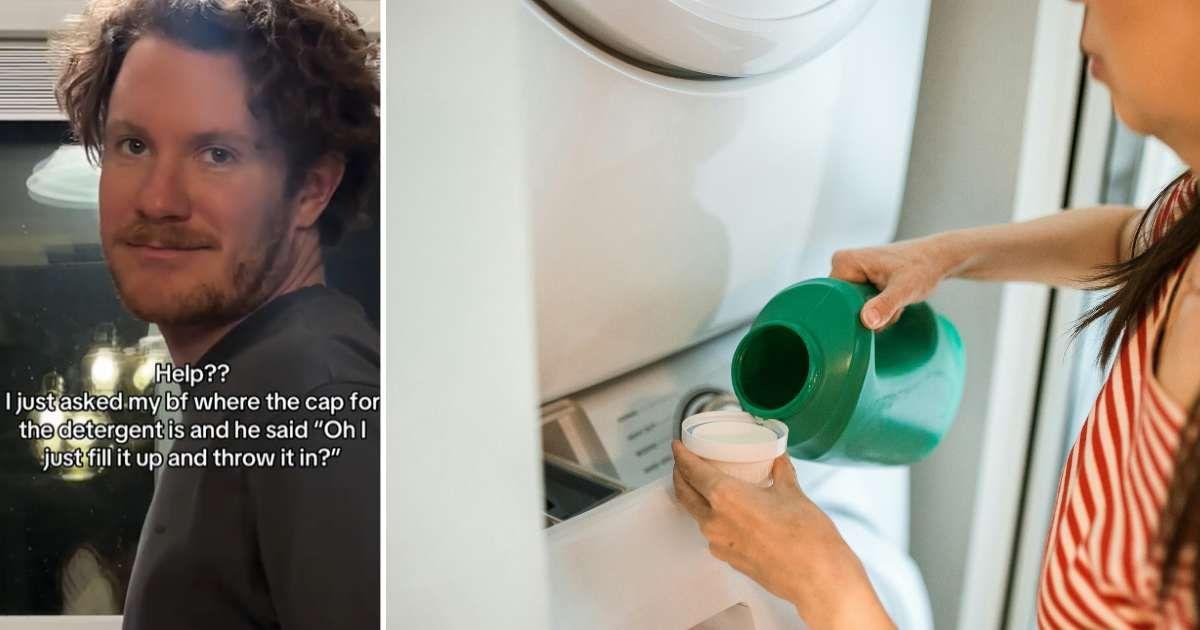 (L) Man tosses in detergent cap with laundry. (Cover Image Source: TikTok | @ilukugh) | (R) A woman pouring laundry detergent into a cup. (Representative Cover Image Source: Pexels | RDNE Stock Project)