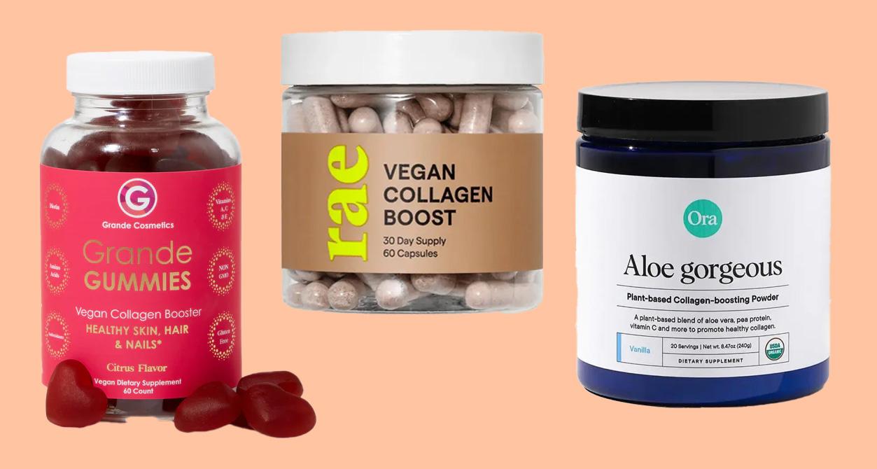 On a peach background, three jars of vegan collagen products: GrandeGUMMIES, Rae Vegan Collagen Boost Capsules, and Ora Aloe Gorgeous