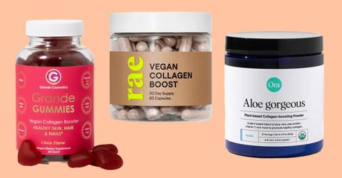 On a peach background, three jars of vegan collagen products: GrandeGUMMIES, Rae Vegan Collagen Boost Capsules, and Ora Aloe Gorgeous