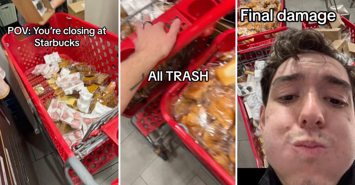 Three screenshots from a TikTok video showing food waste in Target shopping carts at a Target Starbucks